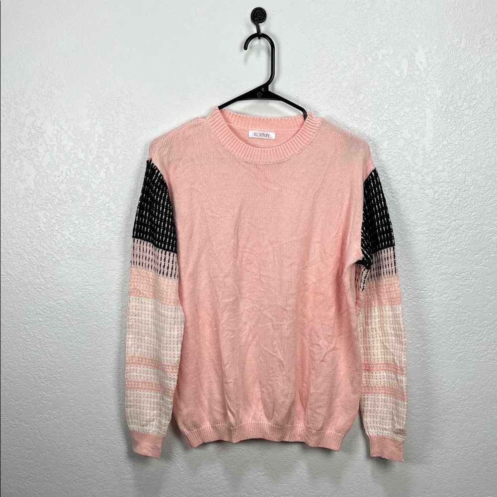 KOITMY Women’s Pink Black White Colorblock Knit Sweater Cotton Blend Cozy Sz L